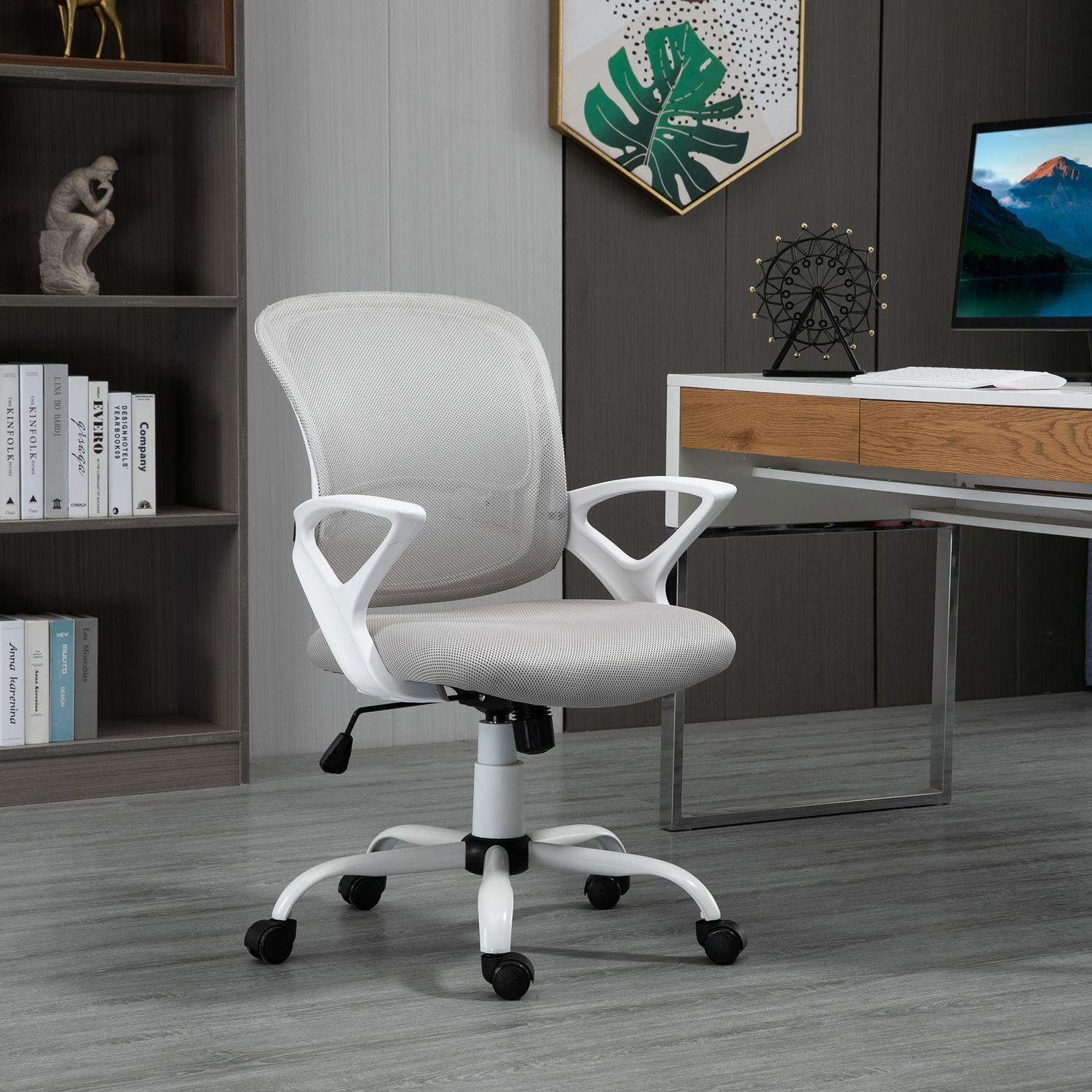 Kontorstol, skrivebordsstol med hjul, ergonomisk, højdejusterbar, grå