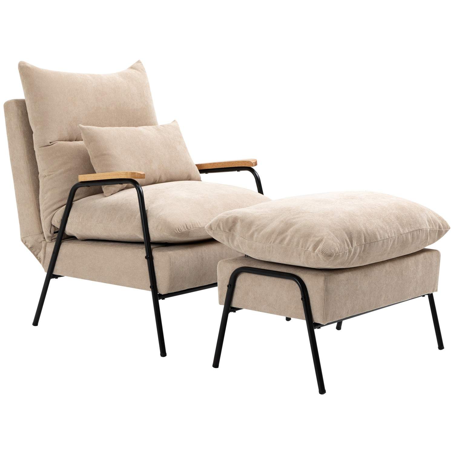 Polstret lænestol med fodskammel, lænestol med lænefunktion, polstret stol, hynde, tv-lænestol, 68 x 91,5 x 88 cm, beige