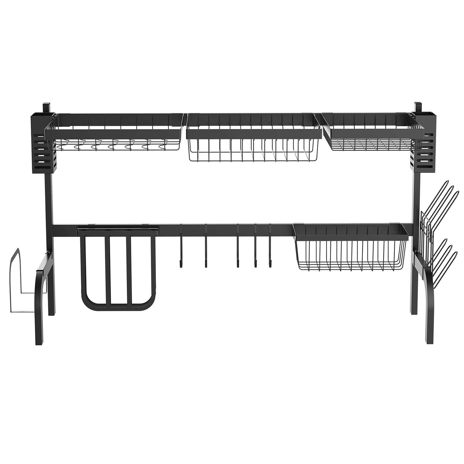 Opvaskeafløb, 2-lags afløb med kroge, tallerkenstativ, tilbehør, 100 cm stål, sort
