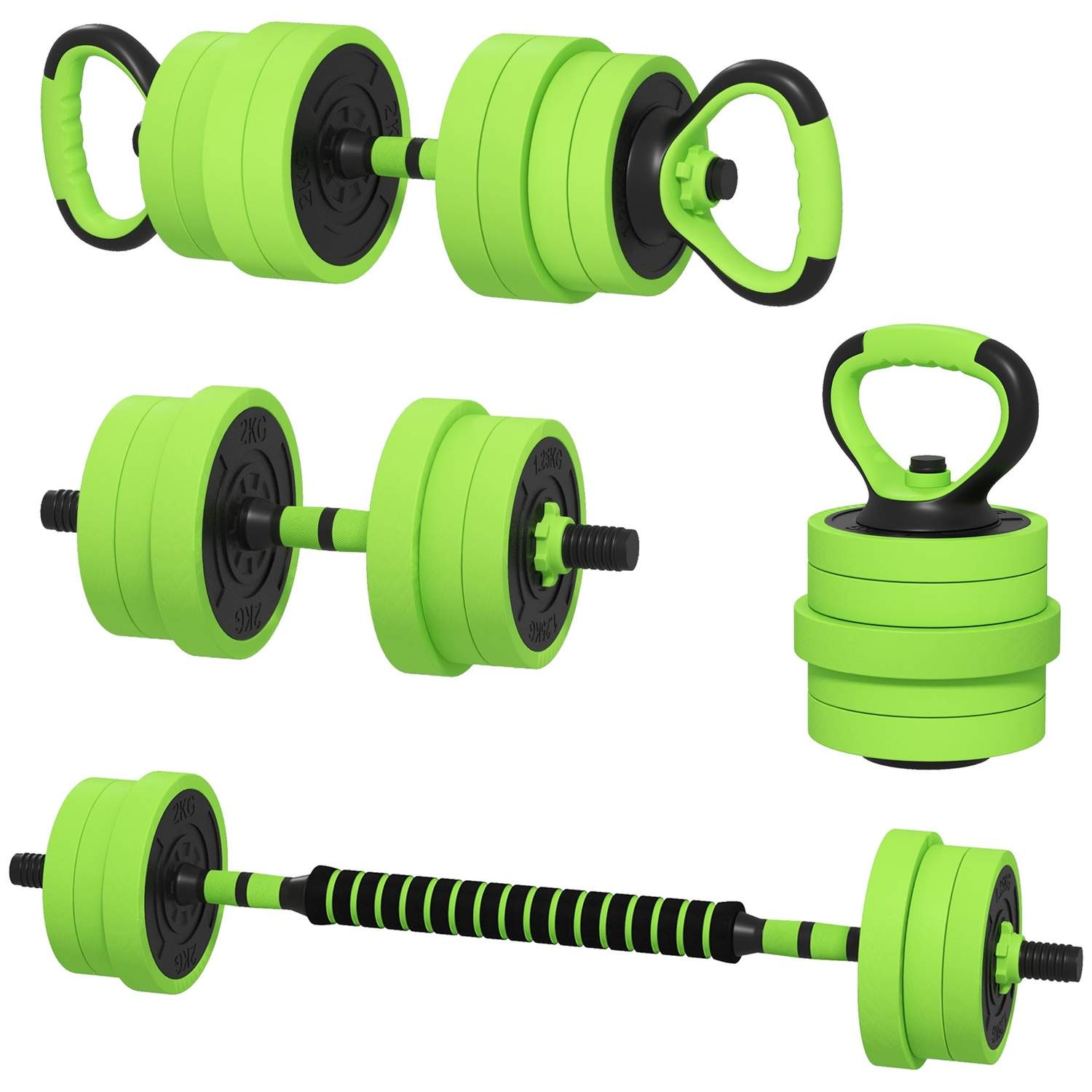 4 i 1 håndvægtesæt 20 kg justerbare håndvægte og vægtstang Kettlebell Push-up håndtag Grøn