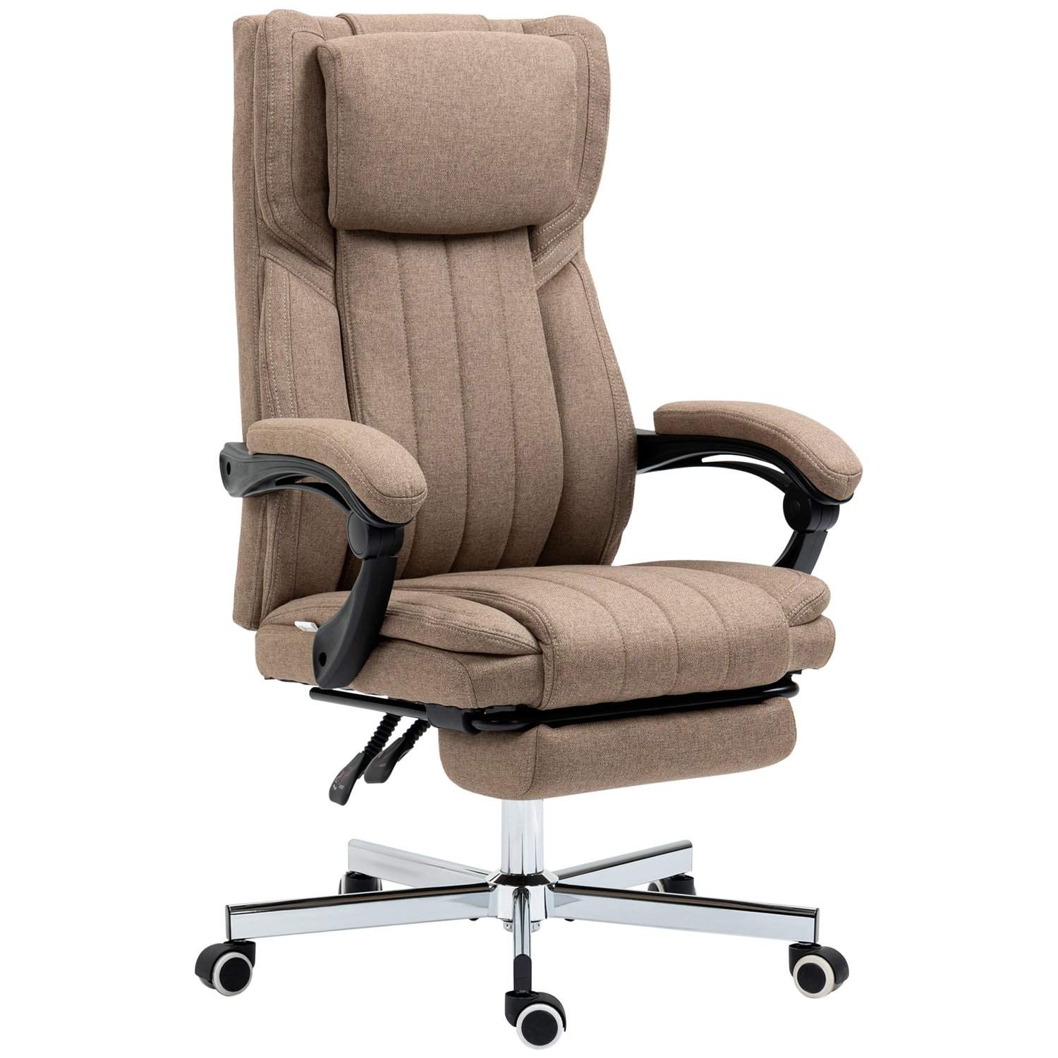 Kontorstol med massagefunktion, tilbagelænet ryglæn, udtrækkelig fodstøtte, hørlook, 65 x 61 x 113 cm, brun