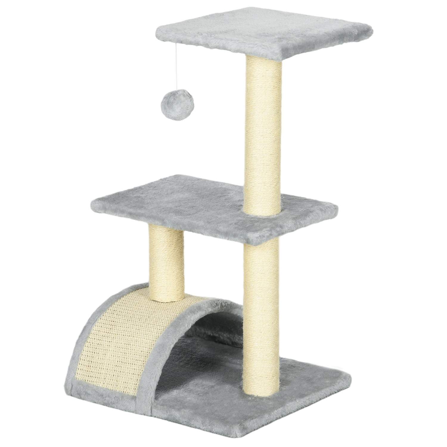 Kattetræ 72 cm kattetårn med plysbolde, sisalstolper, platform, skrabebræt lysegrå