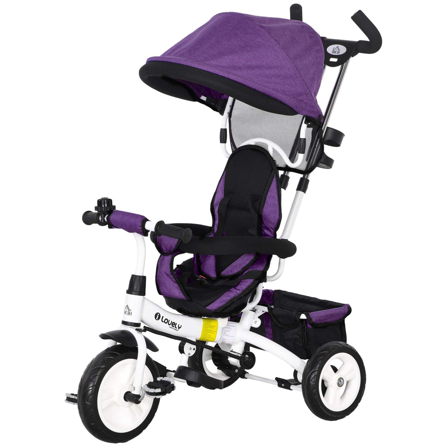 6-i-1 trehjulet børnecykel med skubbestang, tag, bælte, opbevaringskurv, til 1-5 år, blå