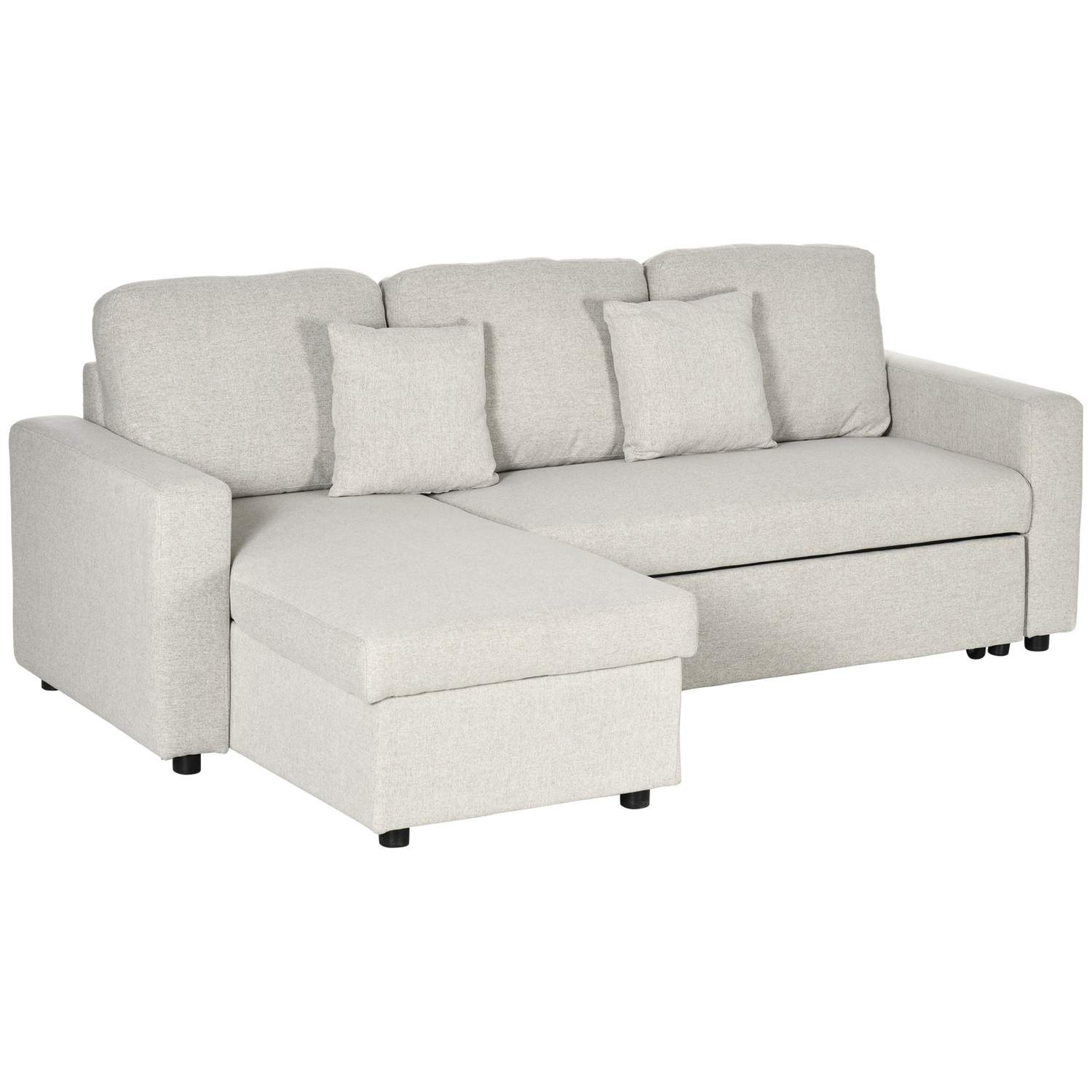 Hjørnesofa med sengefunktion, hjørnesofa inklusive 2-personers sofa, enkeltseng, L-form med opbevaringsplads, 2 hynder cremehvid