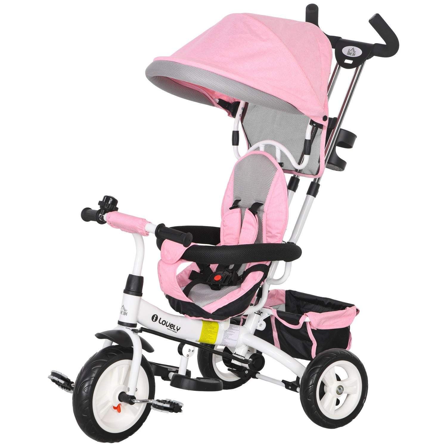 6-i-1 trehjulet børnecykel med skubbestang, tag, bælte, opbevaringskurv, til 1-5 år, pink