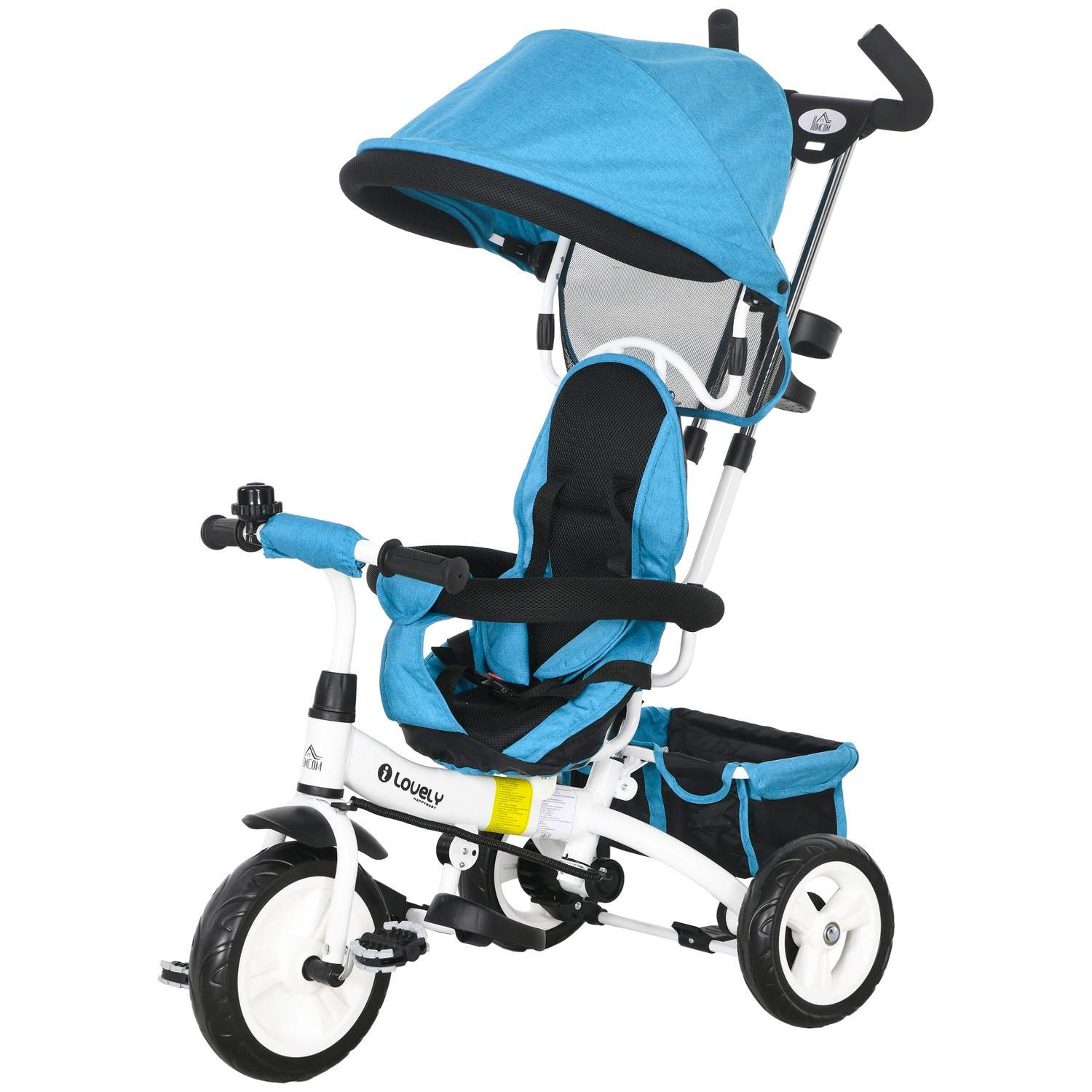 6-i-1 trehjulet børnecykel med skubbestang, tag, bælte, opbevaringskurv, til 1-5 år, blå