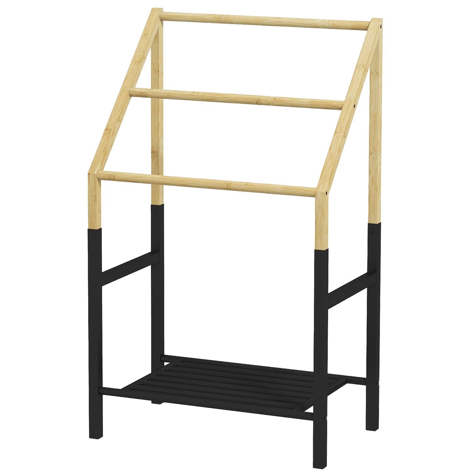 Håndklædeholder, fritstående, 3 stænger, 51x31x85,5 cm, sort/naturtræ