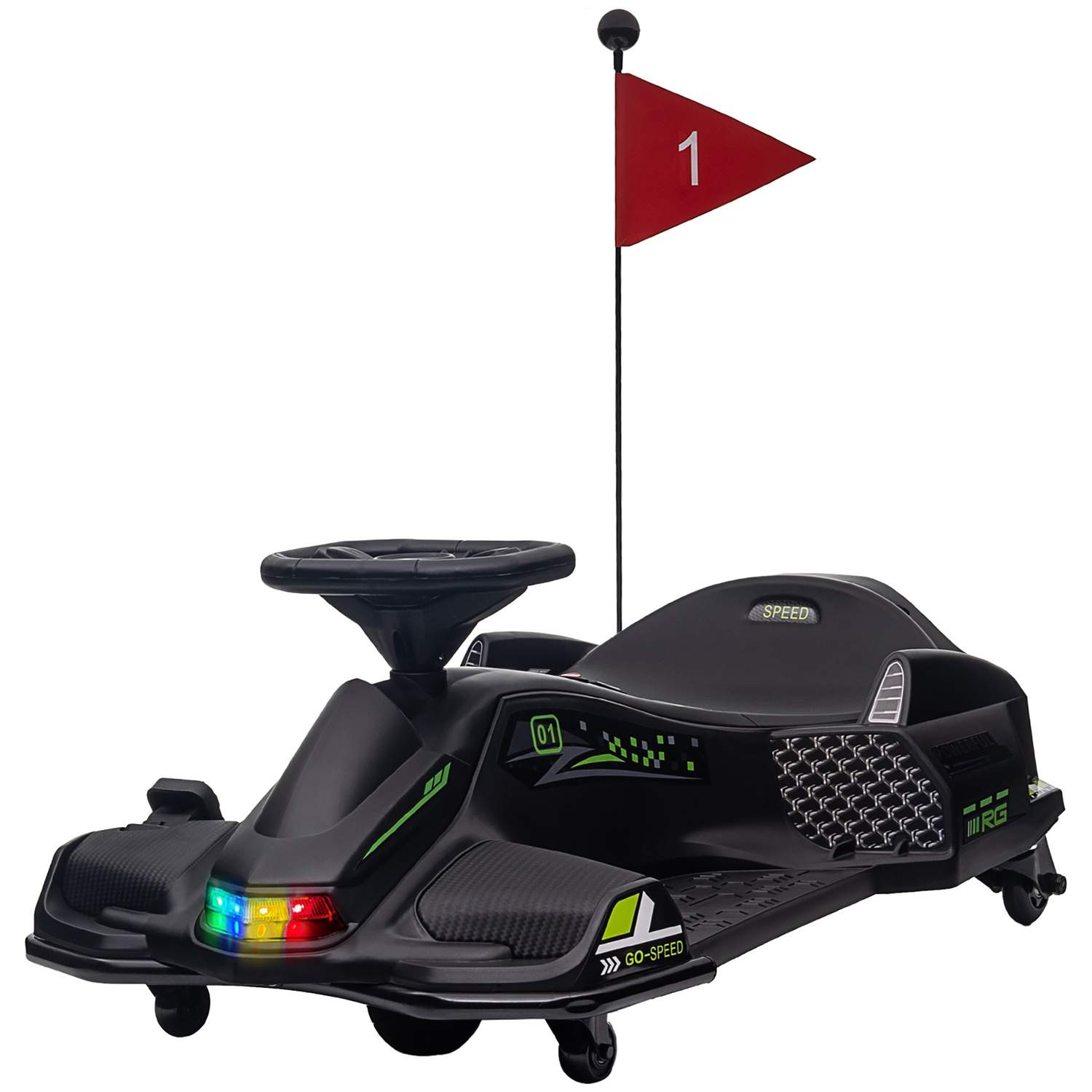 El-gokart til børn, gummihjul, 3-8 km/t, med lys og musikfunktion, sort