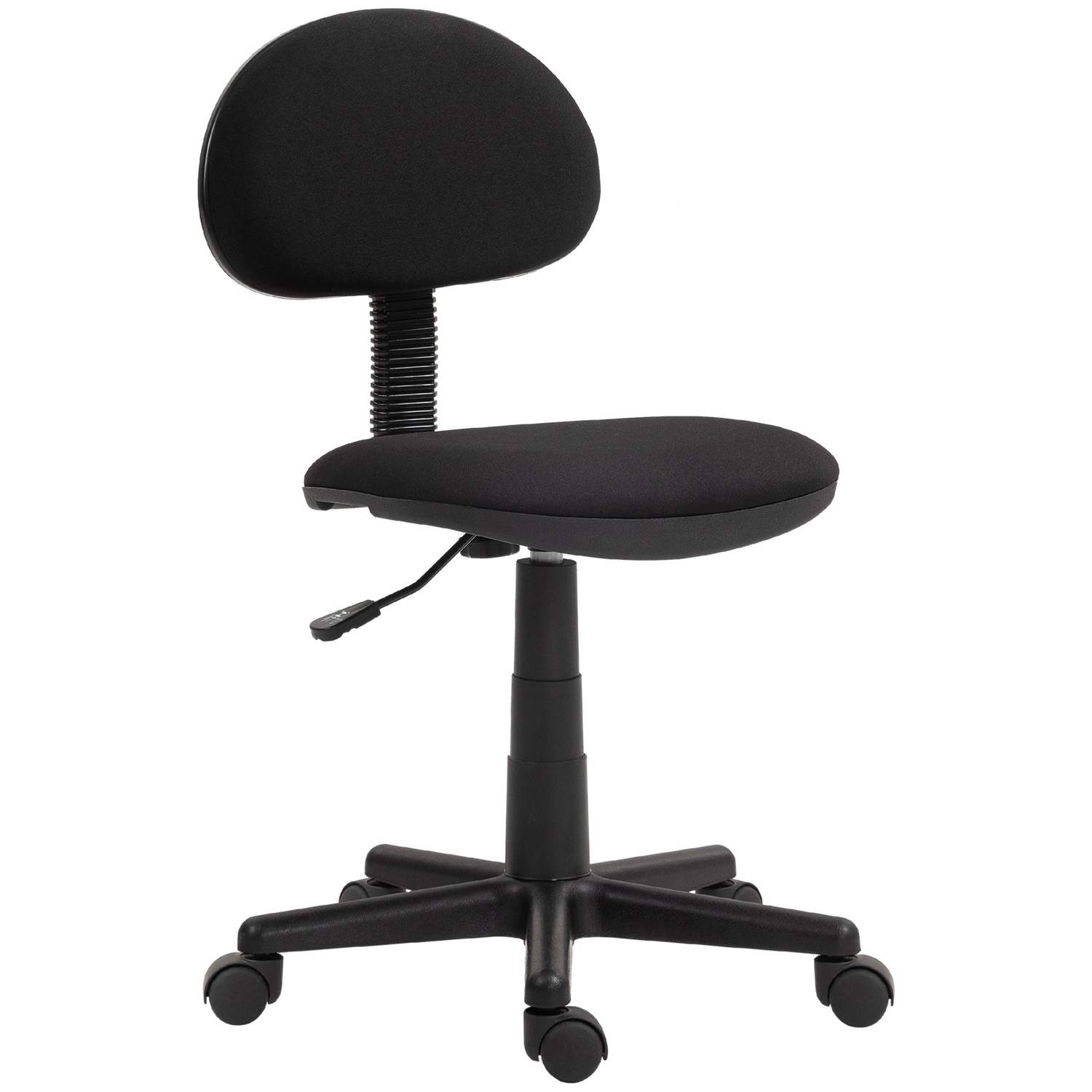 Kontorstol, armløst design, lav ryg, rullebar, drejelig, sort