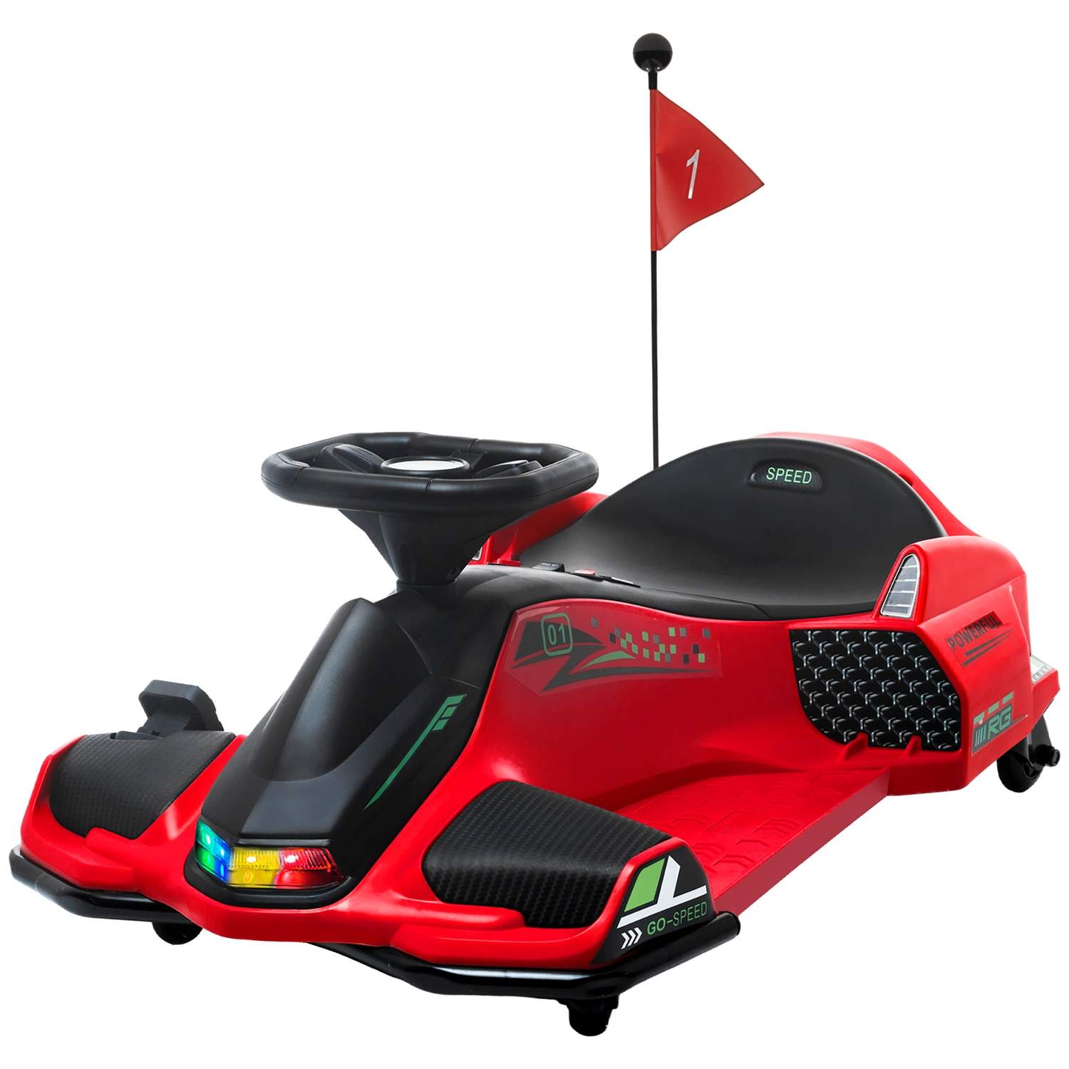El-gokart til børn, gummihjul, 3-8 km/t, med lys og musikfunktion, rød