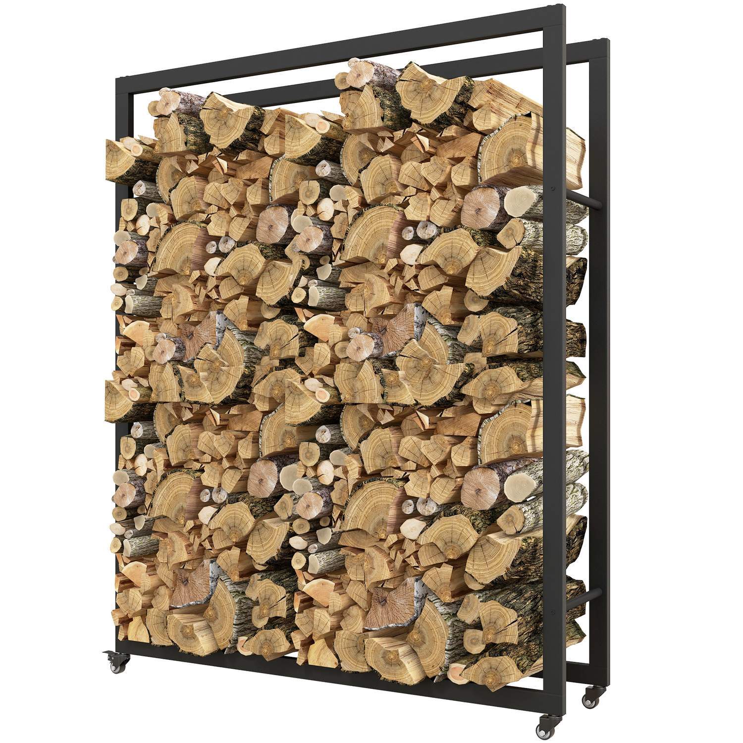 Brændestativ med hjul, mobil, metalramme, op til 150 kg, 120 x 32 x 151 cm, sort