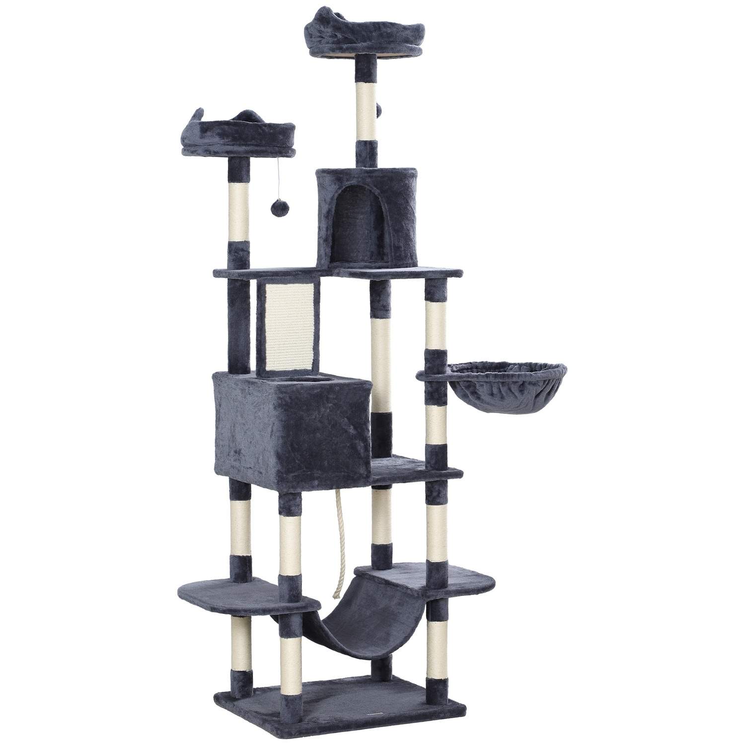 Kattetræ 206 cm kattetårn med hule, 2 legebolde, sisalstolper, platform til store katte, mørkegrå