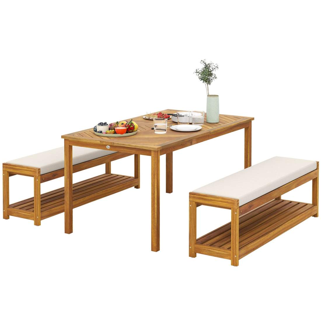 3-delad trädgårdsmöbelset, sittset inklusive 1 matbord med paraplyhål, 2 bänkar 150 x 85 x 75 cm teak | Hem & Hobby - Hem & Hushåll - Trädgårdsartiklar - Trädgårdsbord | Pryloteket