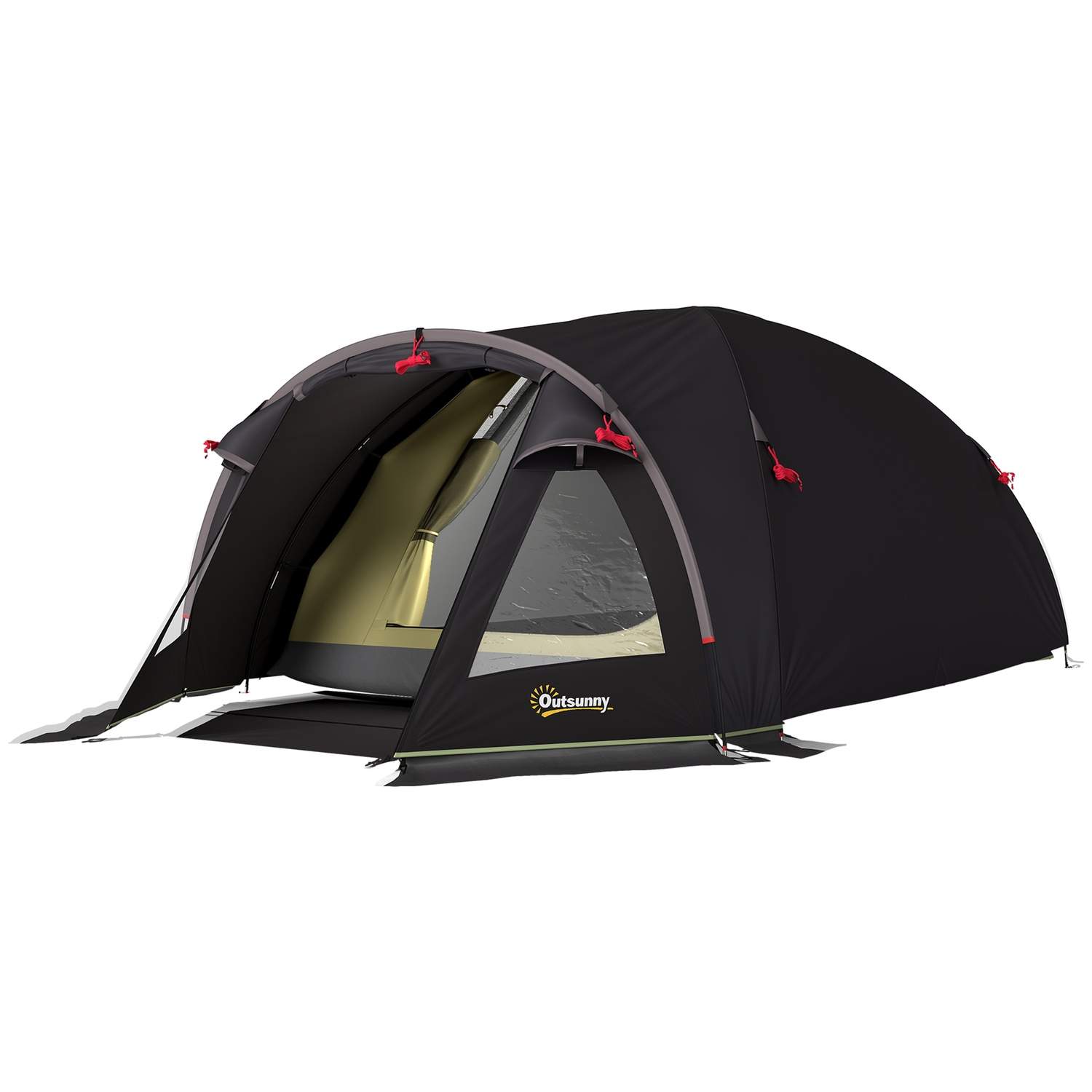Campingtelt til 4 personer, letvægts, stabilt, UV 50+ tunneltelt med baldakin, sidedør og vindue, sort