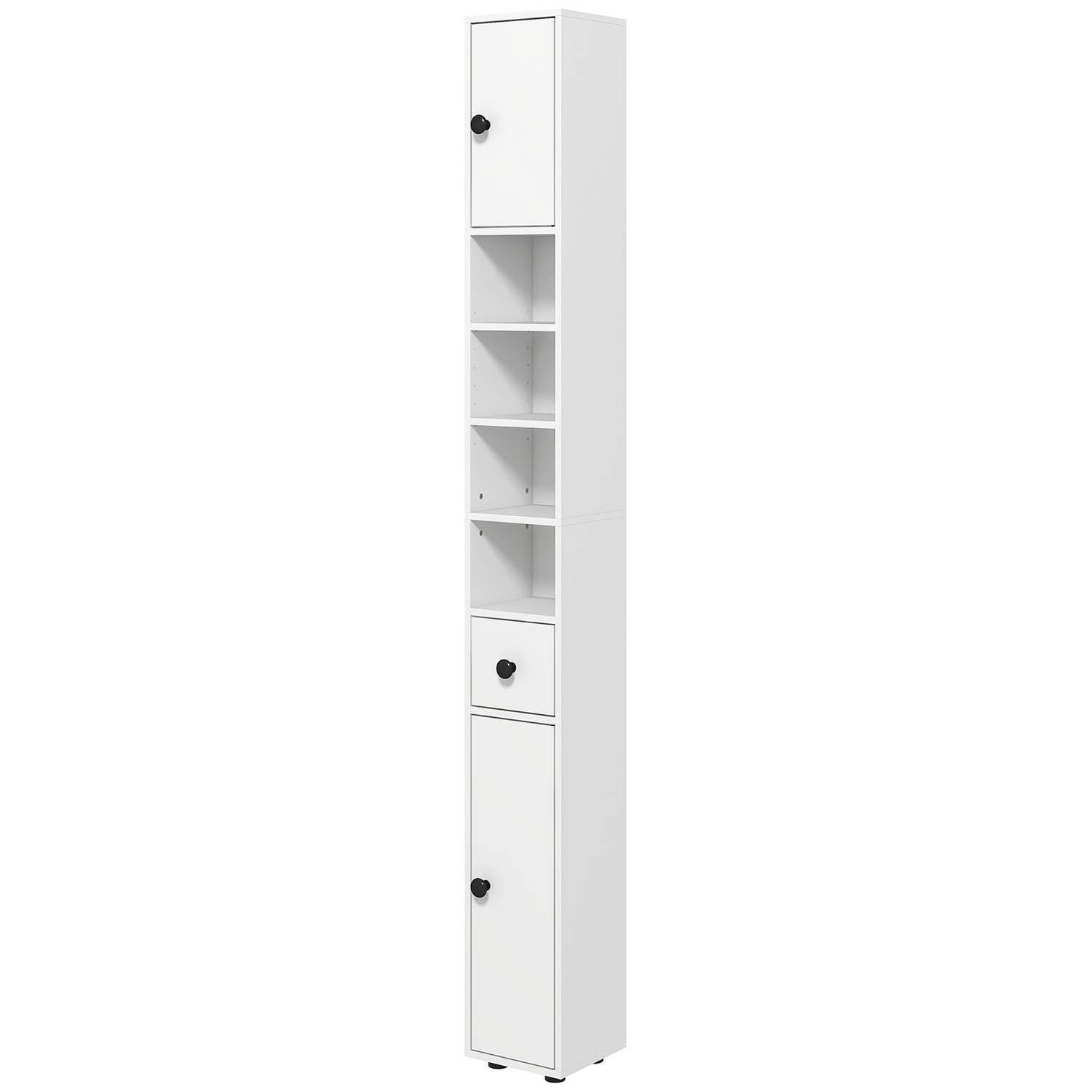 Badeværelsesskab, 4 hylder, skuffe, spånplade, slim design, hvid
