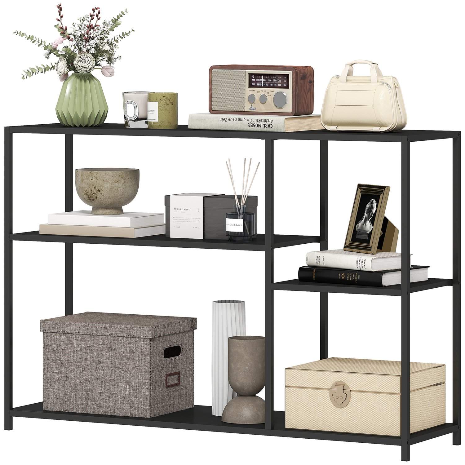 Konsolbord, 4 plan, stålstel, til entre, stue, sort