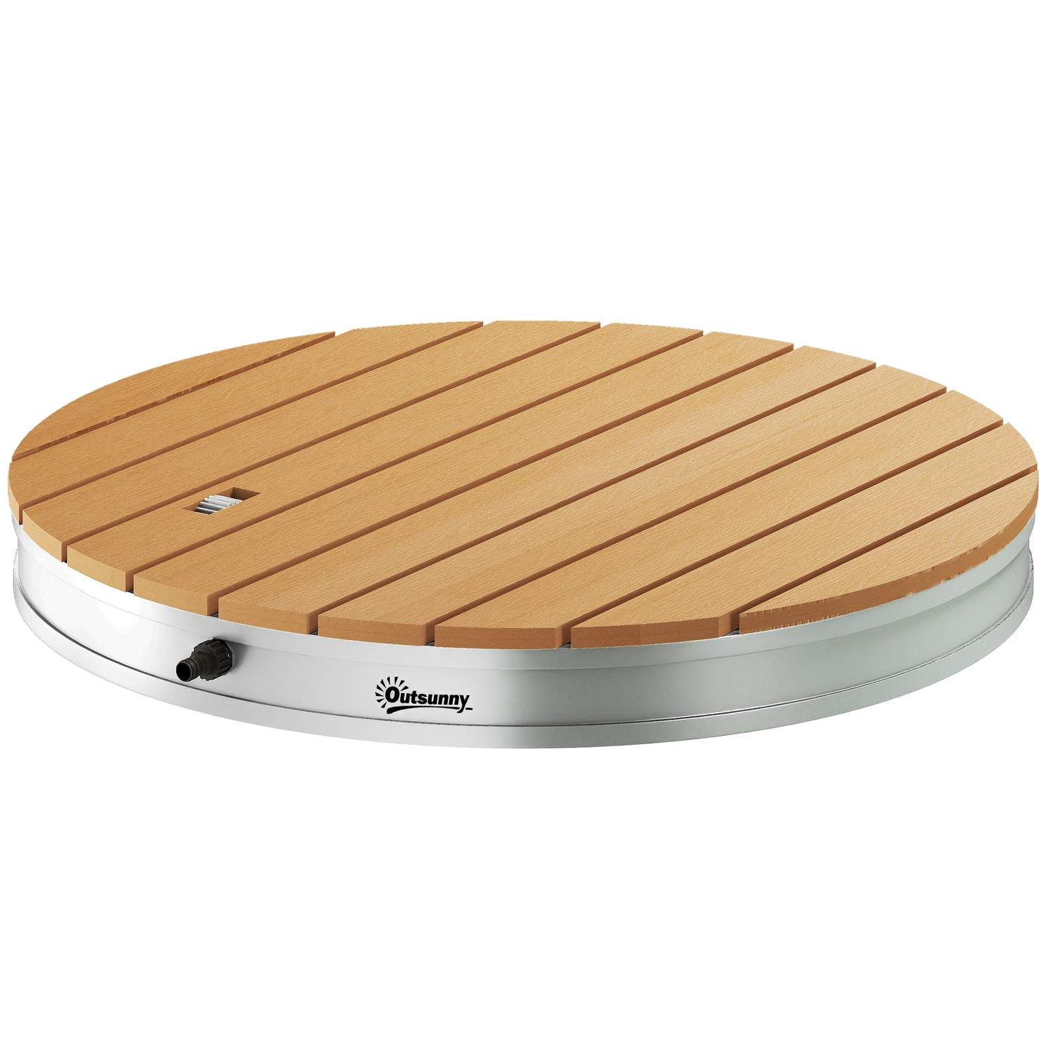 Bærbart udendørs brusesæt med justerbar fontæne, aluminiumsbund, UV- og frostbestandig, naturligt trælook