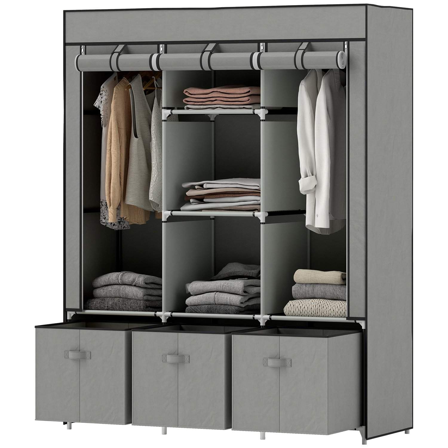 Stofgarderobe af fleece, foldegarderobe, inkl. 3 skuffer, 125 cm x 43 cm x 162,5 cm, lysegrå