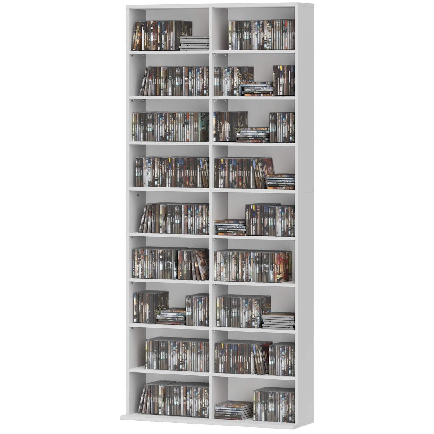 DVD-hylde, CD-opbevaringshylde, 14 justerbare hylder, 18 rum, 175 cm, Blu-ray-hylde, spånplade, hvid