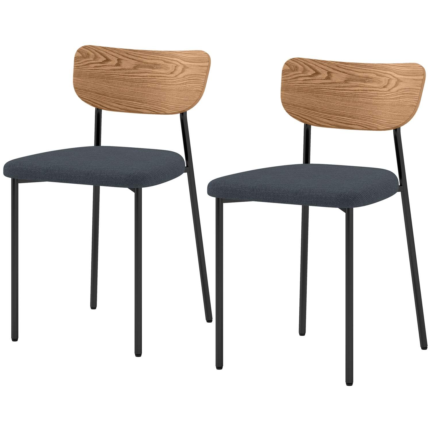 Sæt med 2 spisestuestole, hørlook, armløst design, metalben, grå