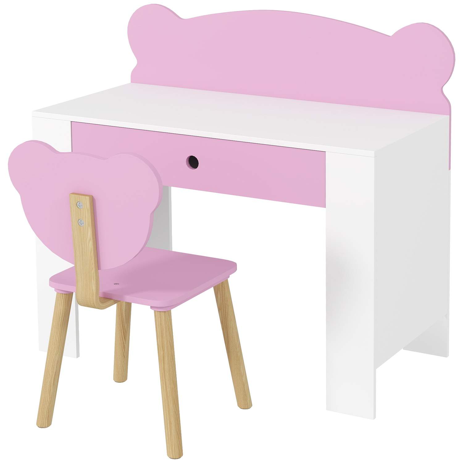 Børneskrivebordssæt, bjørneformet skrivebord og stol med skuffe, til skrivning og håndværk, 3-8 år, Pink