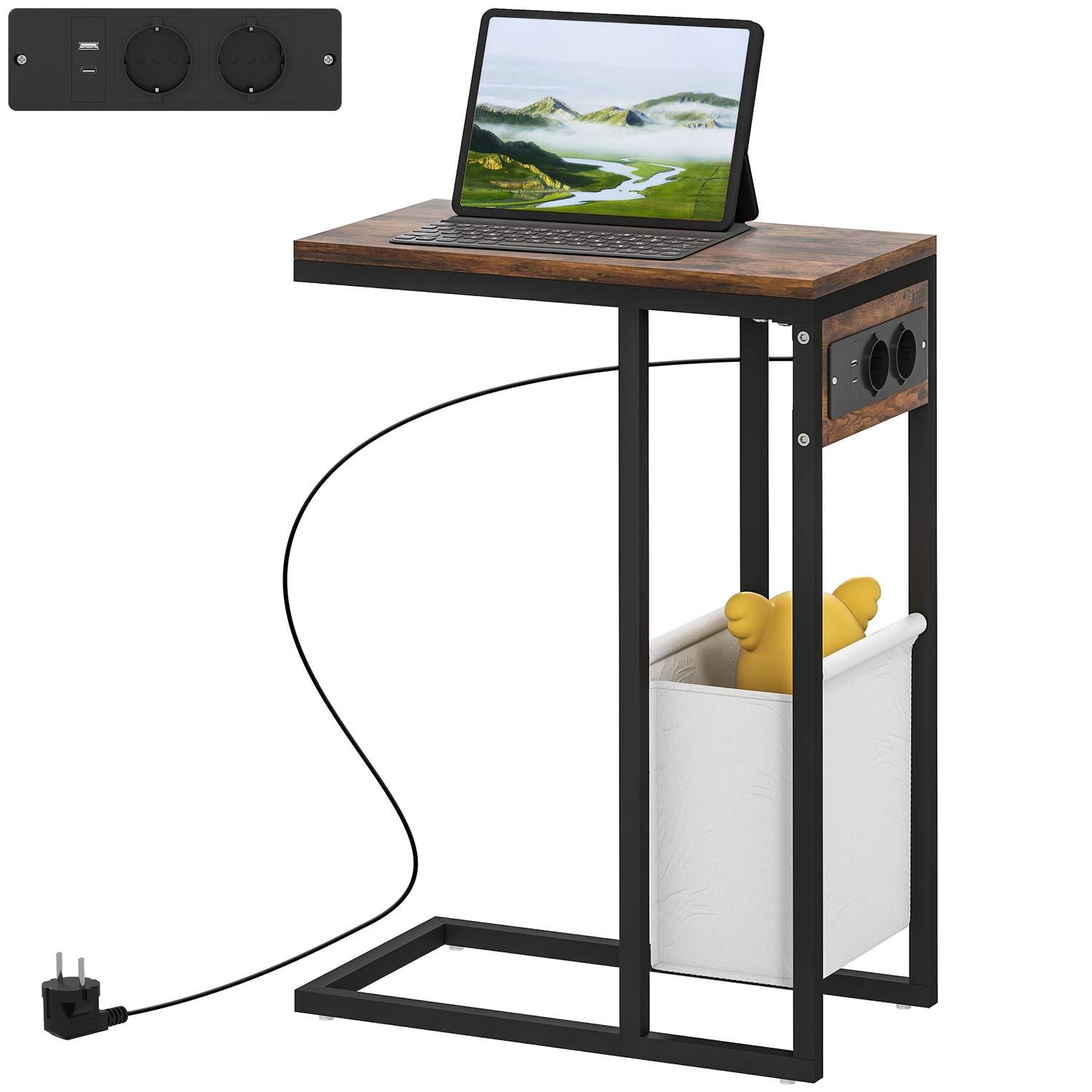 Sidebord med stikkontakter, USB-porte, kabler, C-formet design