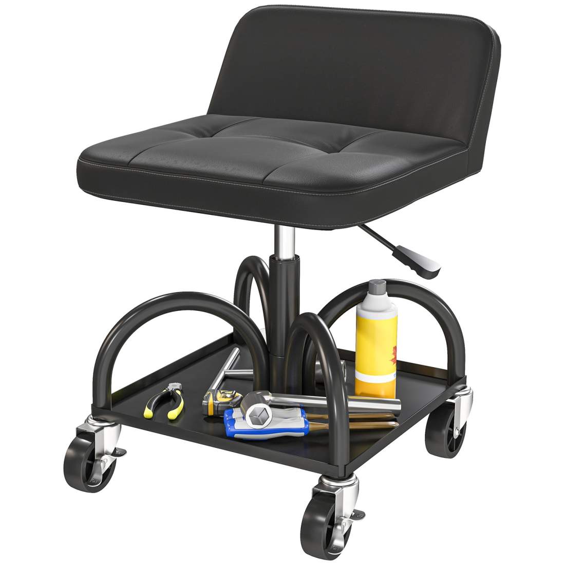 Verkstadspall med hjul, förvaringsutrymme, 58,5 cm hög, rullande pall, lastkapacitet upp till 135 kg, svart | Hem & Hobby | Pryloteket