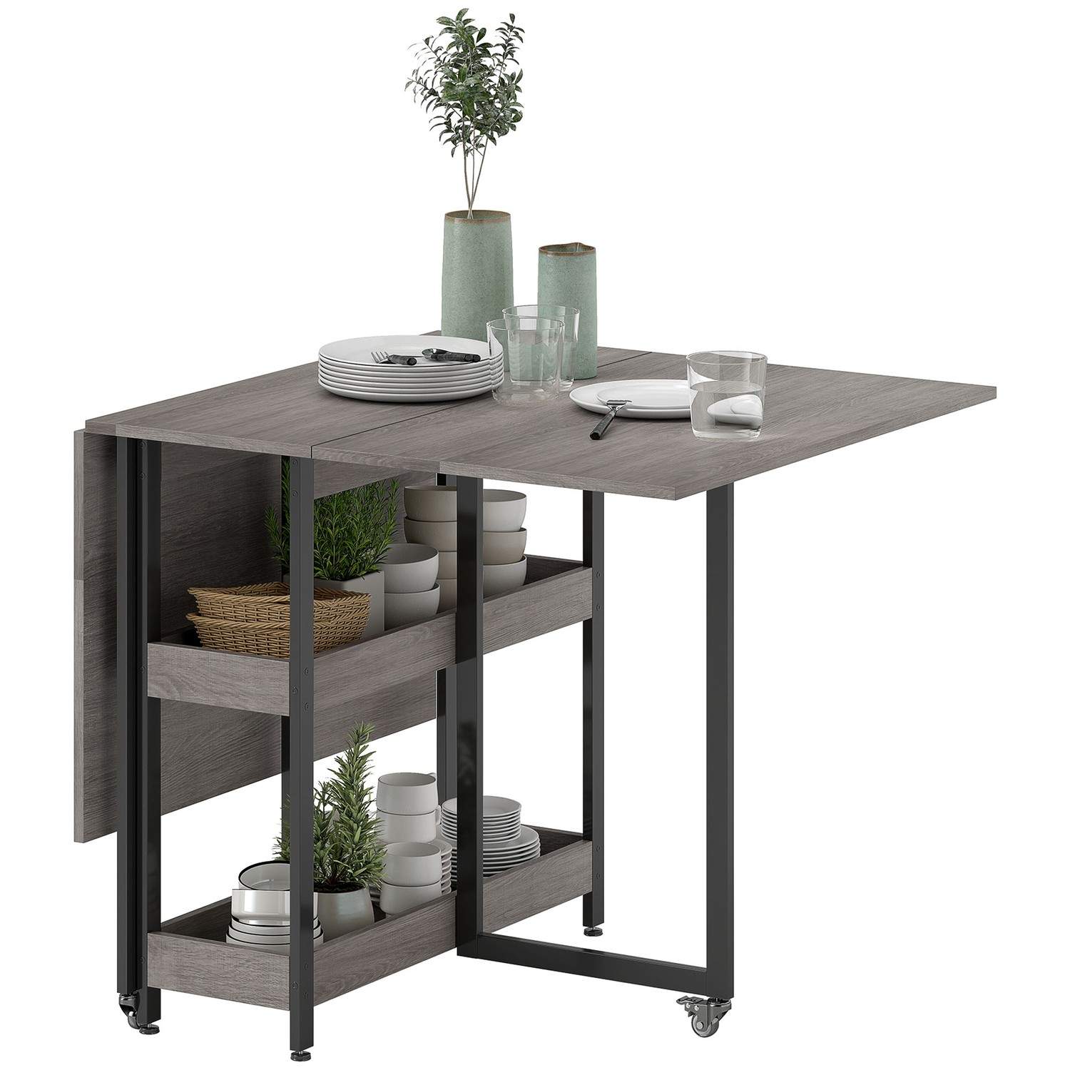 Sammenklappeligt spisebord i industrielt design, til op til 4 personer, åbne hylder, fleksibel, metal, spånplade, grå