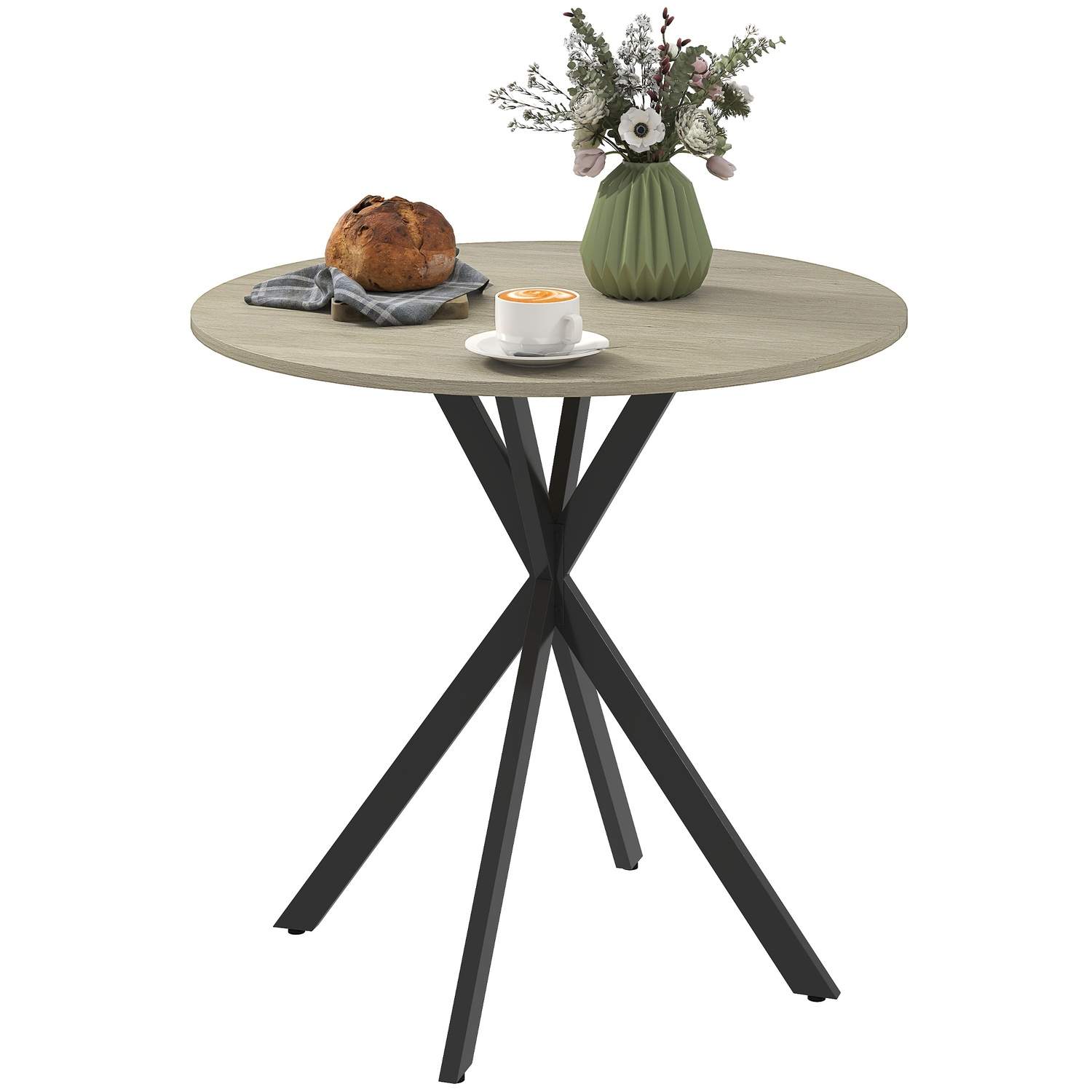 Rundt køkkenbord, 80 cm, kompakt bordplade, spånplade, metal, hvid eg+sort