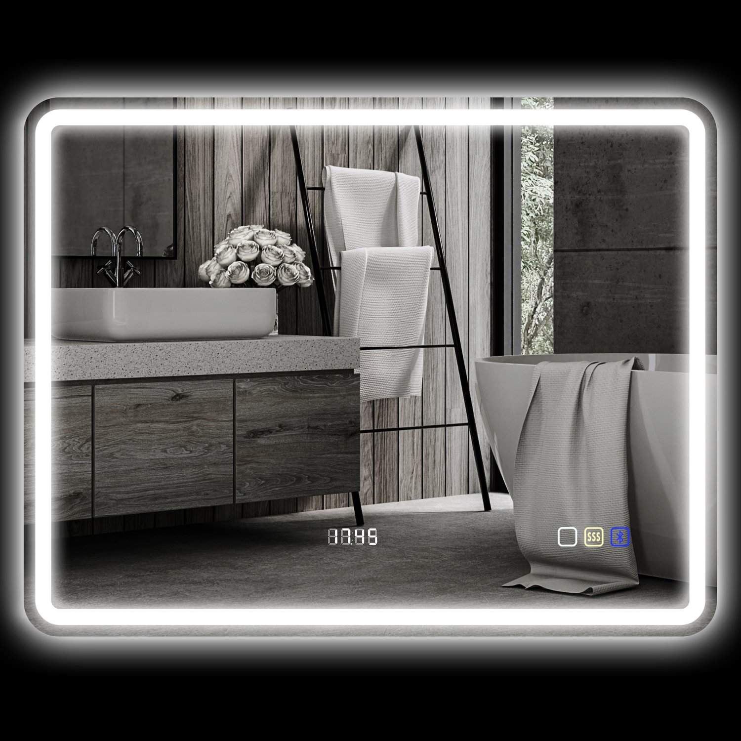 Badrumsspegel med LED-belysning, anti-dimdyna, 3 justerbara färger, klocka, 700 x 900 mm, silver | Elektronik - Ljud & Bild - Högtalare | Pryloteket