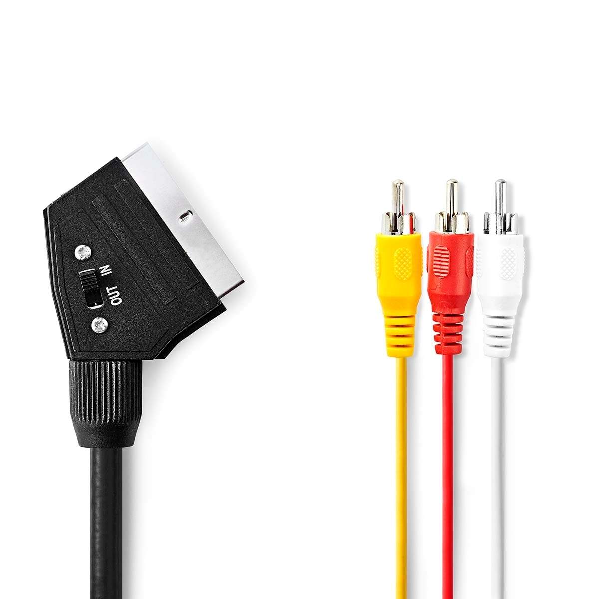 SCART-kabel | SCART Mand | 3x RCA han | Forniklet | Omskiftelig | 480p | 2,00 m | runde | PVC | Sort | Mærke billede