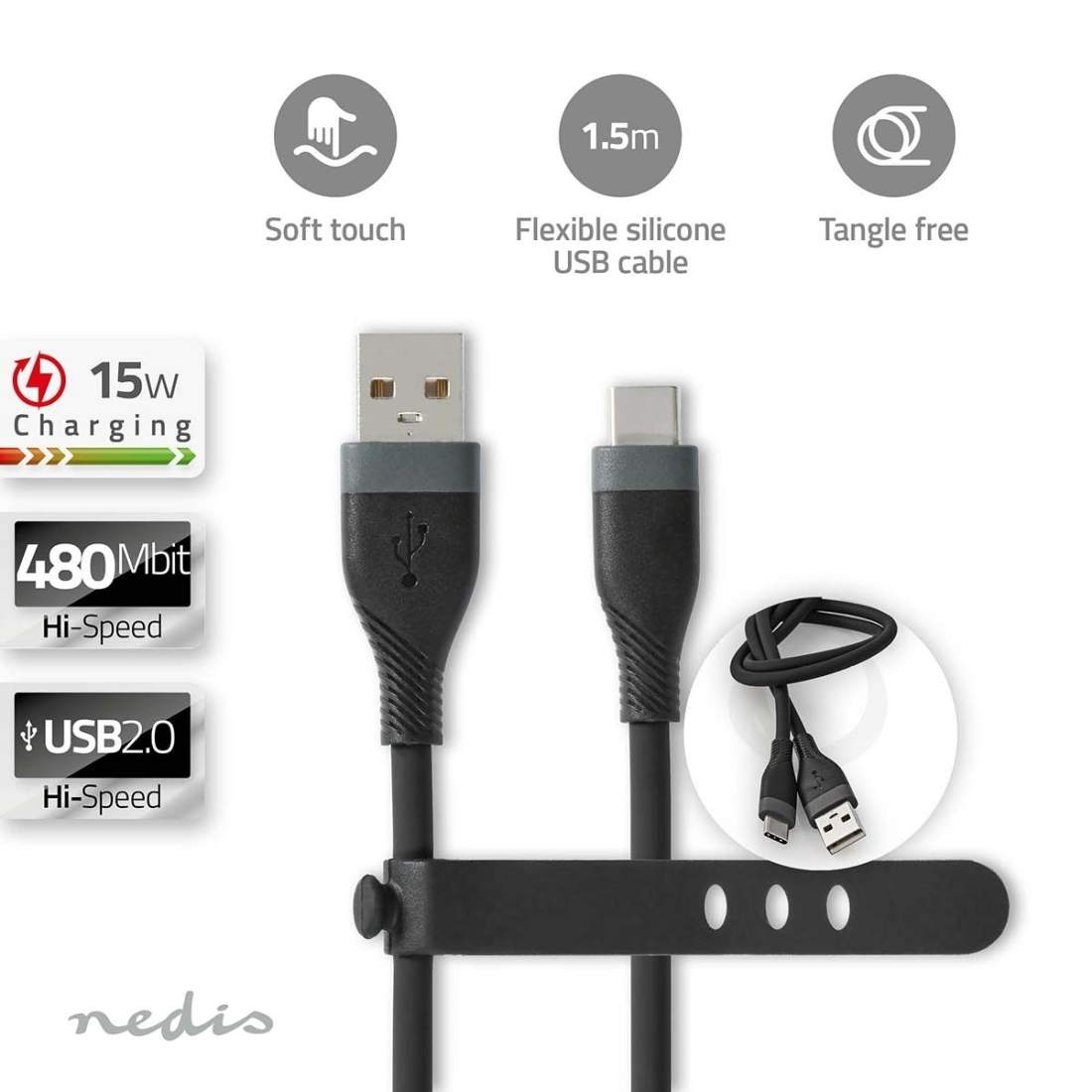 USB-kabel USB 2.0 USB-A Hane USB-C™ Hane 15 W 480 Mbps Nickelplaterad 1.50 m Rund Silikon Svart Låda | Elektronik - Speltillbehör - Nintendo - Nintendo Switch - Laddare | Pryloteket