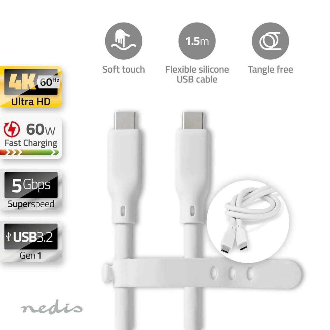 USB-kabel USB 3.2 Gen 1 USB-C™ Hane USB-C™ Hane 60 W 4K@60Hz 5 Gbps Nickelplaterad 1.50 m Rund Silikon Vit | Elektronik - Speltillbehör - Windows | Pryloteket