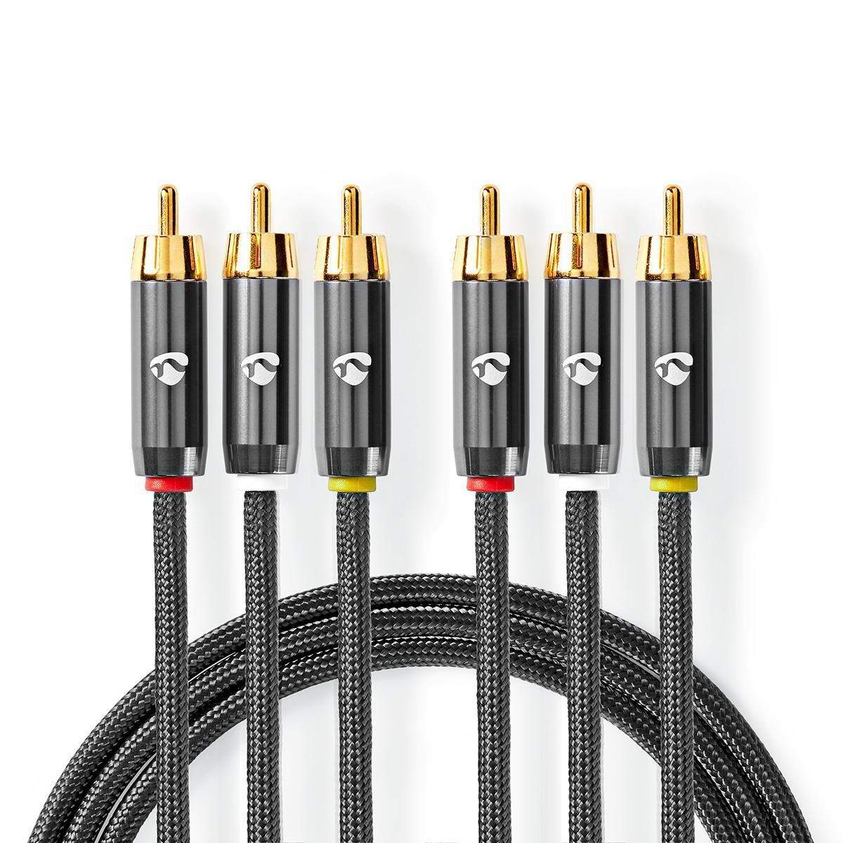 Composite Video kabel | 3x RCA Han | 3x RCA Han | Guldplateret | 480p | 2.00 m | Runde | Bomuld | Antracit / Gun Metal Grå | Cov