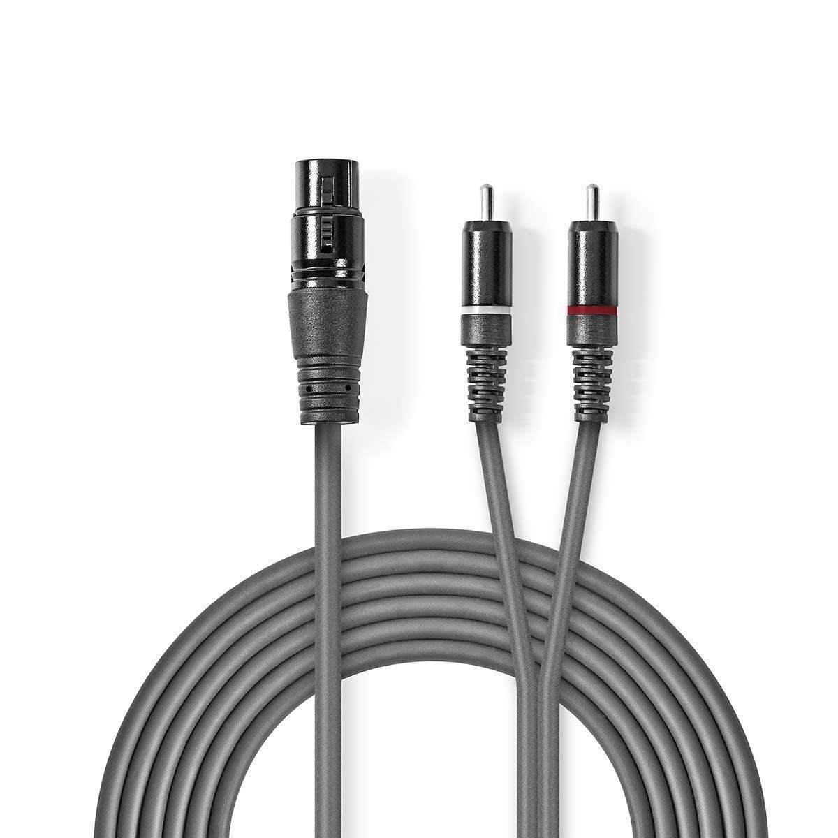 Balanceret Audio kabel | XLR 3-Pin Hun | 2x RCA Hanstik | Nikkelplateret | 1.50 m | Runde | PVC | Mørkegrå | Kartonhylster billede