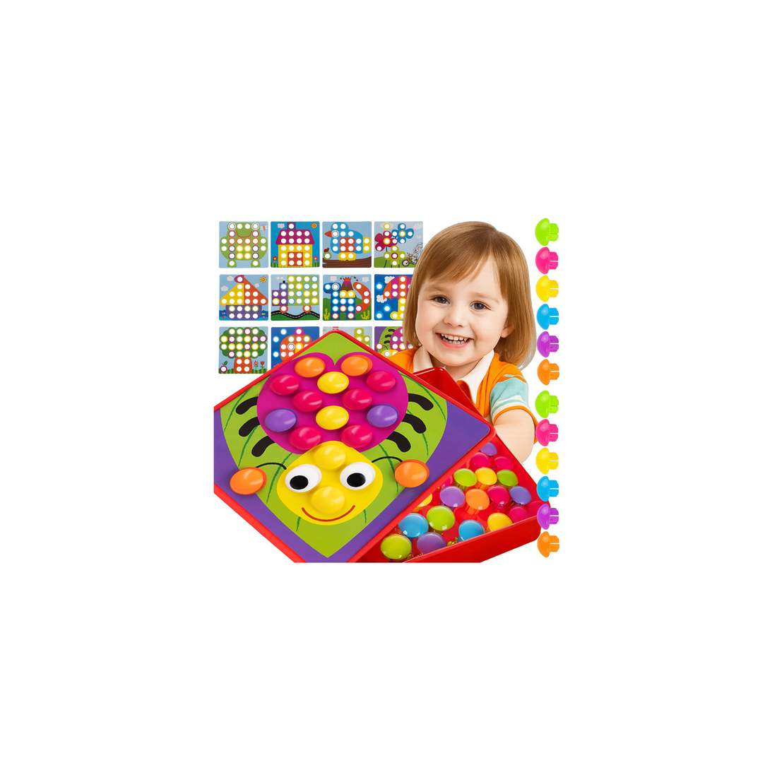 Pedagogiskt knapppussel – 12 brädor, 45 färgglada knappar | Hem & Hobby | Pryloteket