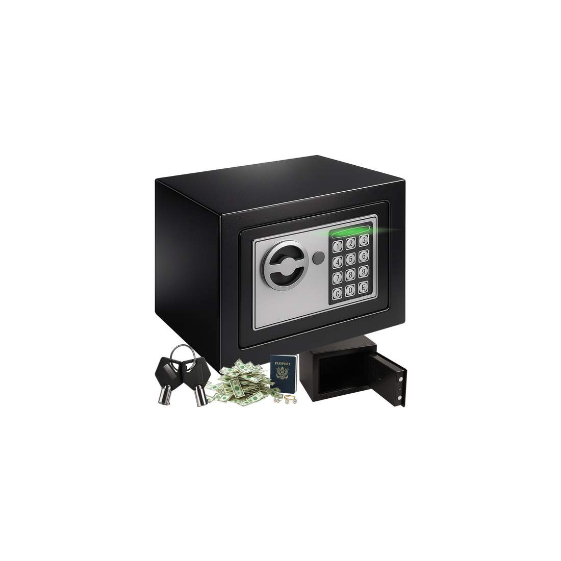 Elektroniskt kassaskåp med nyckel och larm – stål, svart | Hem & Hobby | Pryloteket