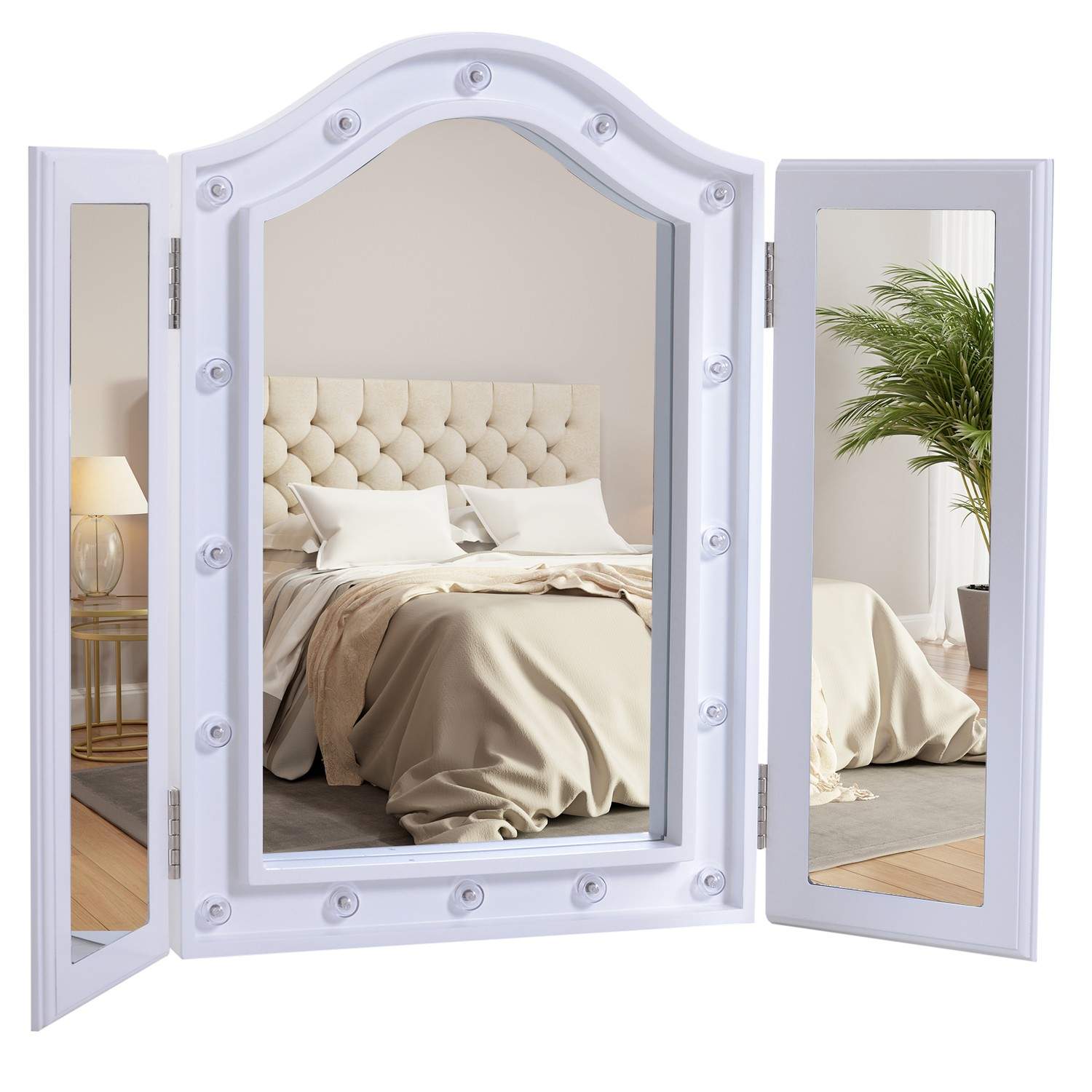 Sminkespejl med 16 LED'er, foldbart, hvidt, 3 paneler