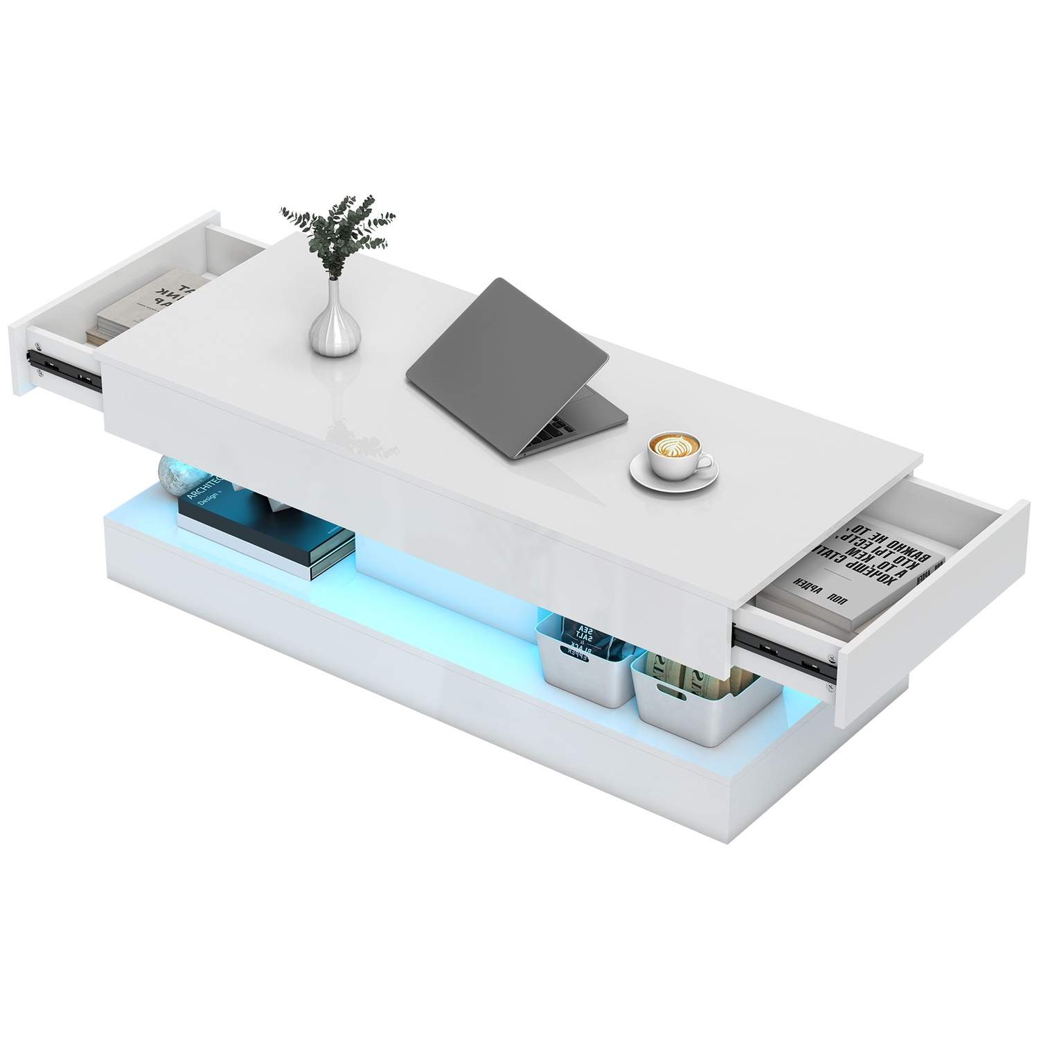 Sofabord med skuffer og LED-lys – Hvid, spånplade