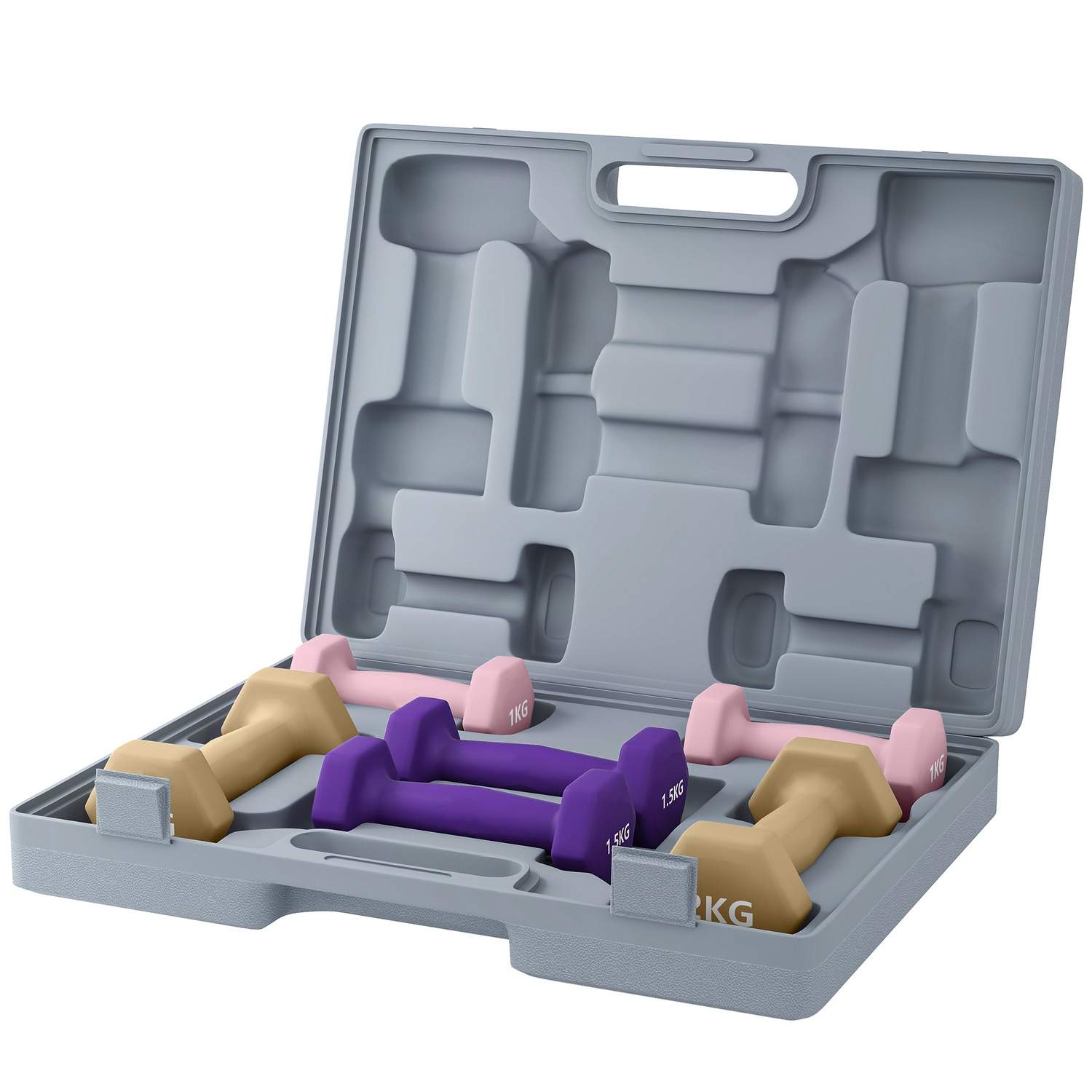 Håndvægtesæt med etui – 6 stålvægte, skridsikkert greb