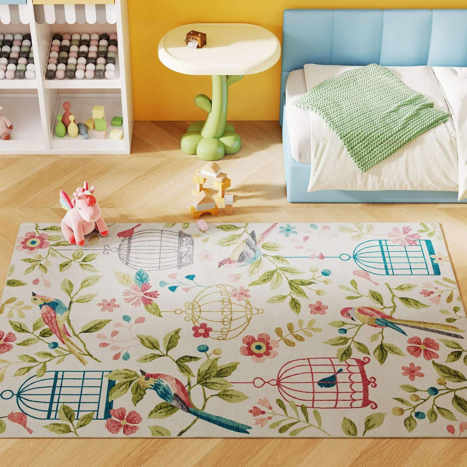 Rustikt område tæppe – levende fugle og blomster, skridsikkert, let pleje