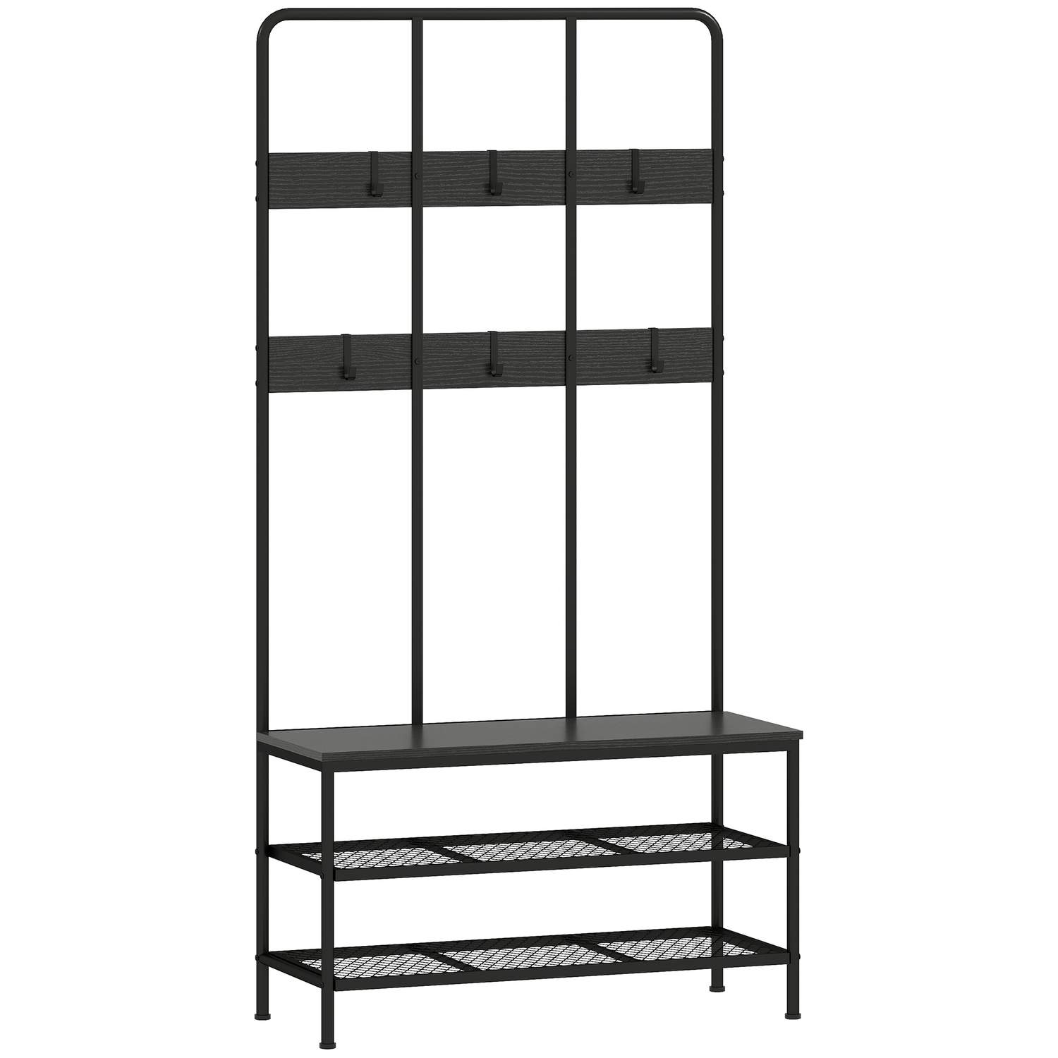 3-i-1 knagerække med bænk og skohylde – sort metal