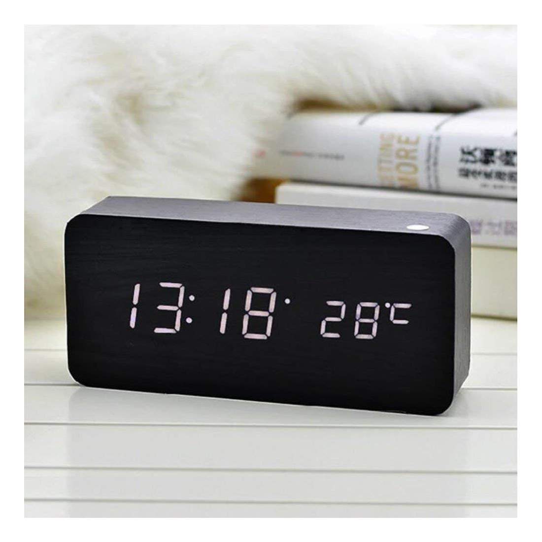 Digital LED Alarm Clock with a Wooden Design White eStore