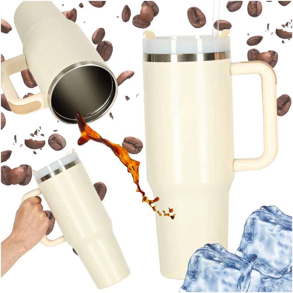 Termisk krus med sugerør og håndtag – 1200 ml creme