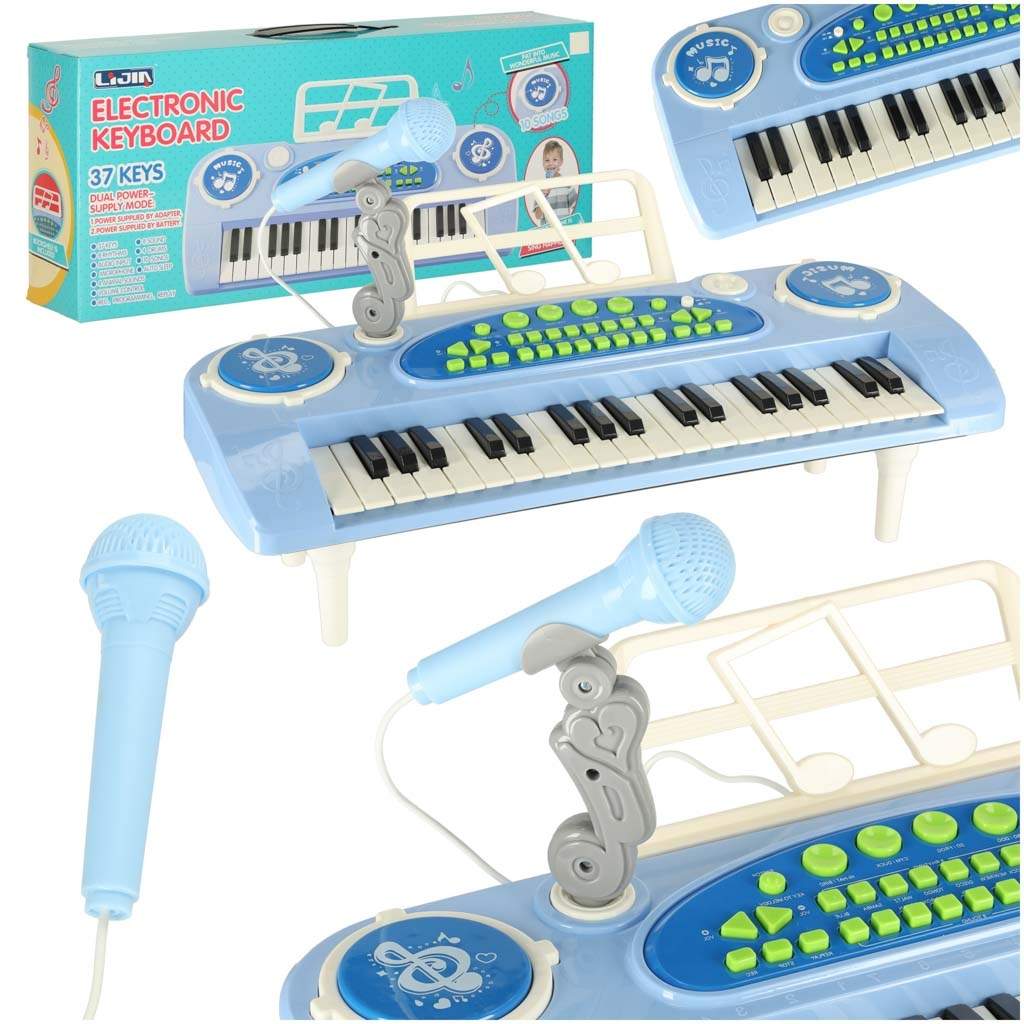 Interaktivt klaverkeyboard til børn – 37 tangenter, mikrofon og stativ, blå