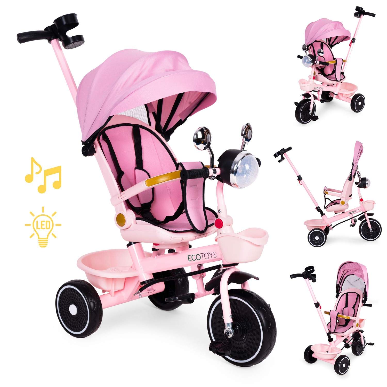 Pink trehjulet cykel til børn med roterende sæde og skubbehåndtag