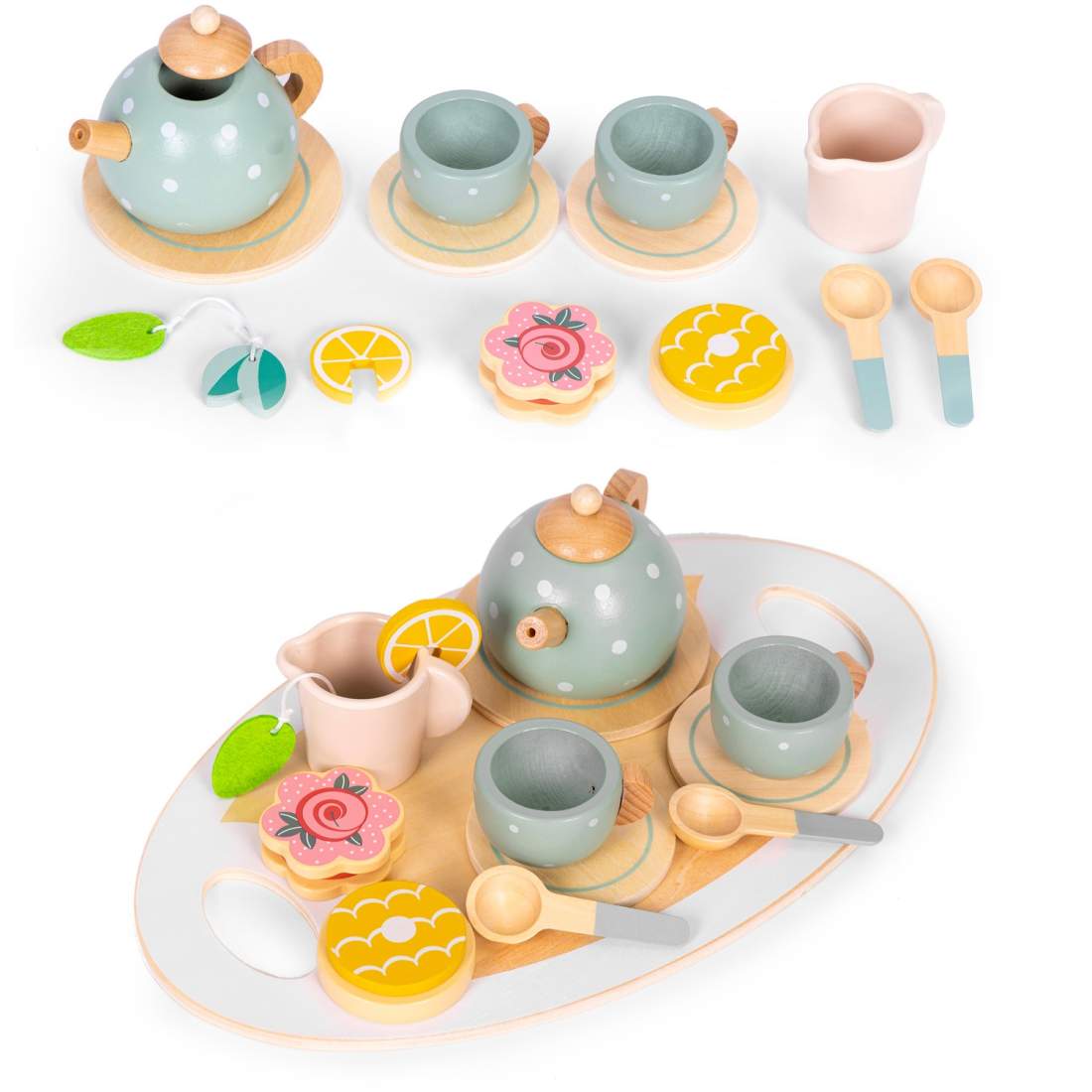 Teservis av trä – tekanna och koppar, 14-delat set | Hem & Hobby | Pryloteket