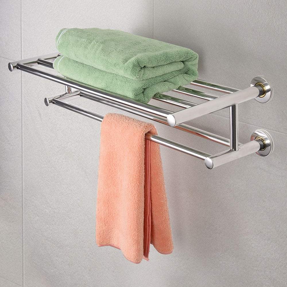 Håndklædestativ i rustfrit stål – dobbelte stænger og hylde, rustfast