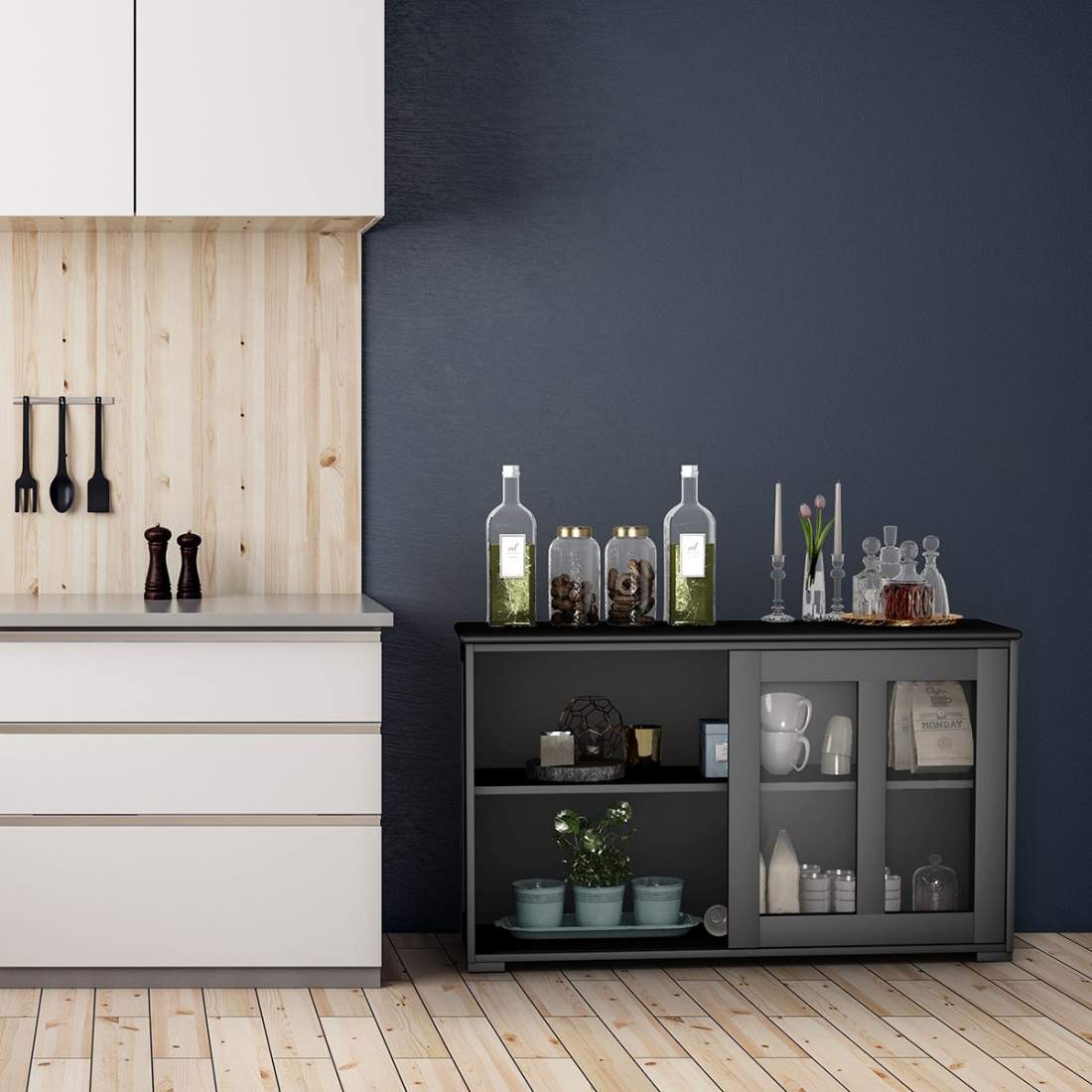 Svart skjutdörrsskänk – ställbara hyllor, glasdörr | Hem & Hobby | Pryloteket