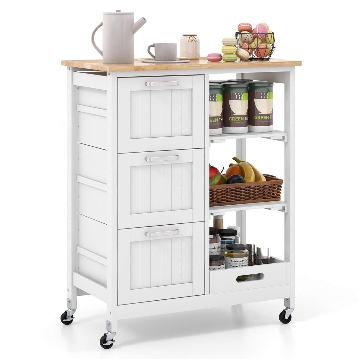 Rolling Kitchen Island Cart – 2-lags opbevaring, 3 skuffer, hvid